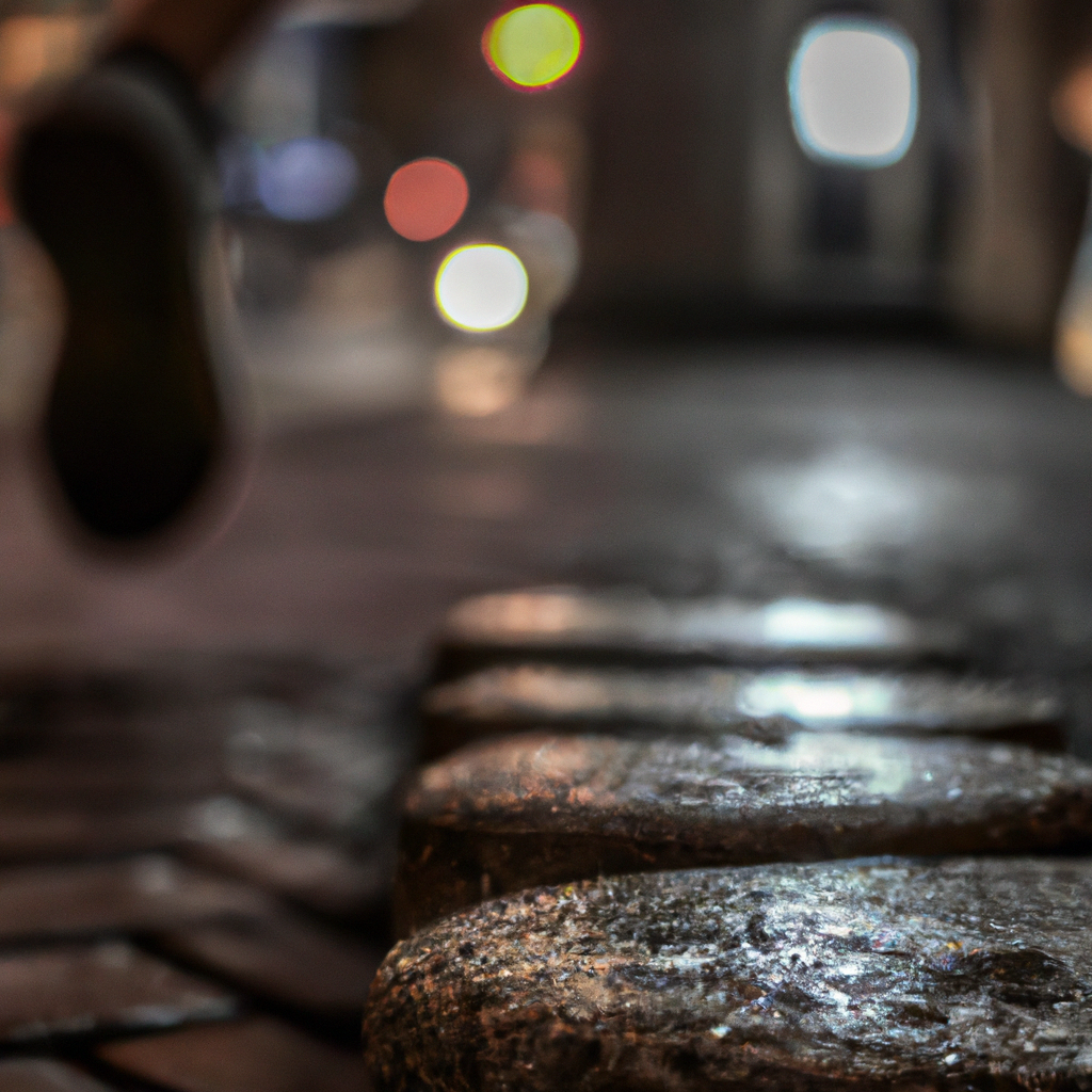 Toronto walking street with Victorian brick, wet stones and people in motion blur